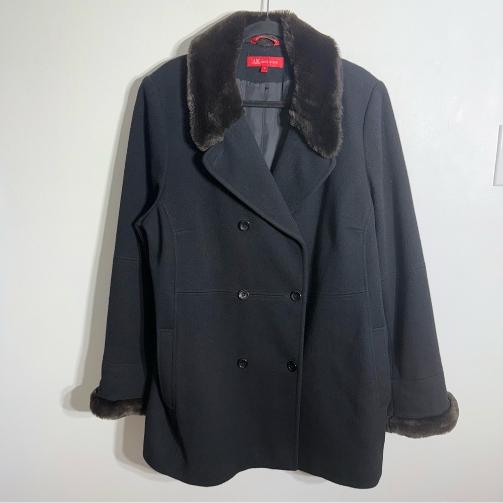 Anne Klein Black 100% Wool Coat Faux Fur Collar Cuffs Double Breasted Pockets 1X